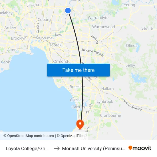 Loyola College/Grimshaw St to Monash University (Peninsula Campus) map