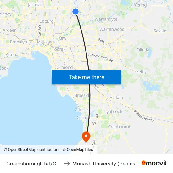 Greensborough Rd/Grimshaw St to Monash University (Peninsula Campus) map