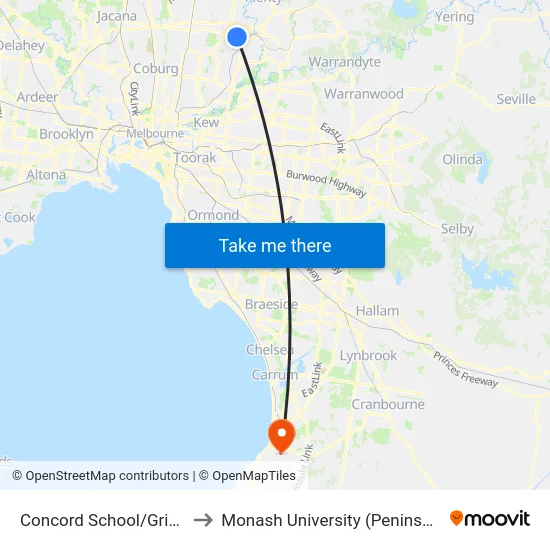 Concord School/Grimshaw St to Monash University (Peninsula Campus) map