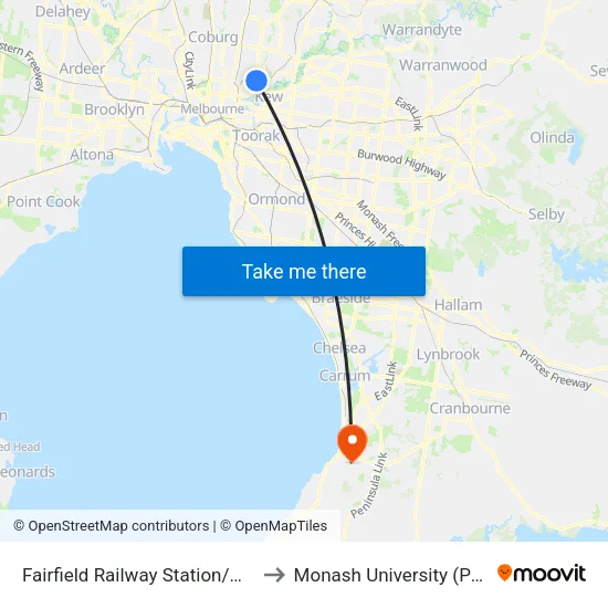 Fairfield Station/Wingrove St to Monash University (Peninsula Campus) map