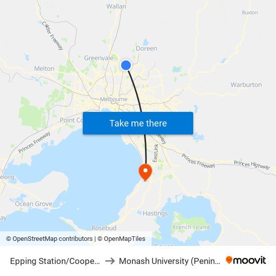 Epping Station/Cooper St (Epping) to Monash University (Peninsula Campus) map