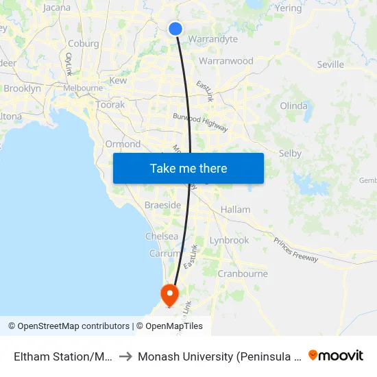 Eltham Station/Main Rd to Monash University (Peninsula Campus) map