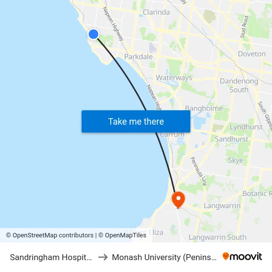 Sandringham Hospital/Bluff Rd to Monash University (Peninsula Campus) map