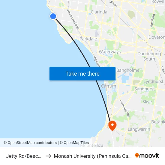 Jetty Rd/Beach Rd to Monash University (Peninsula Campus) map