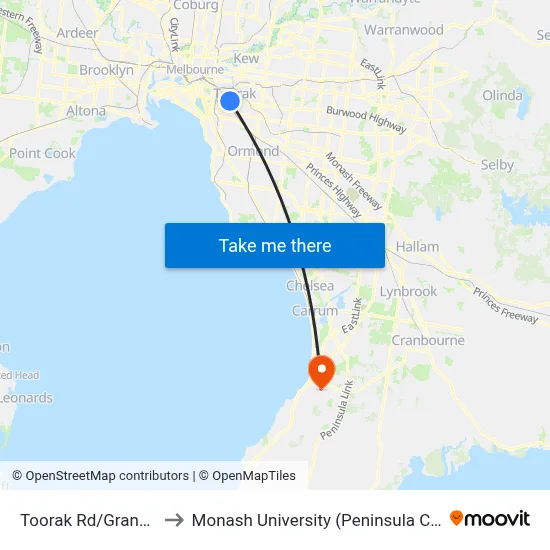 Toorak Rd/Grange Rd to Monash University (Peninsula Campus) map