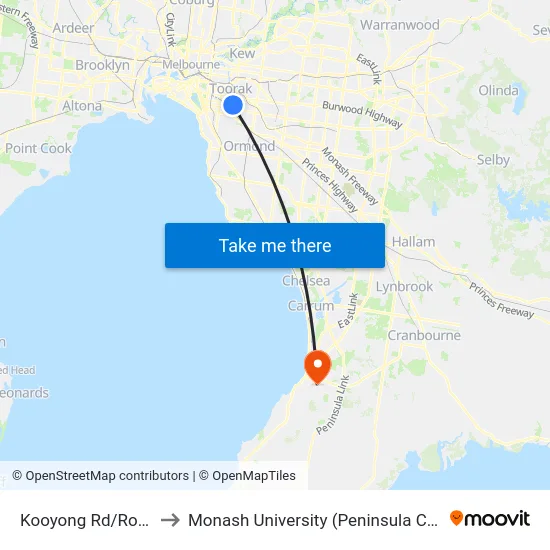 Kooyong Rd/Rose St to Monash University (Peninsula Campus) map