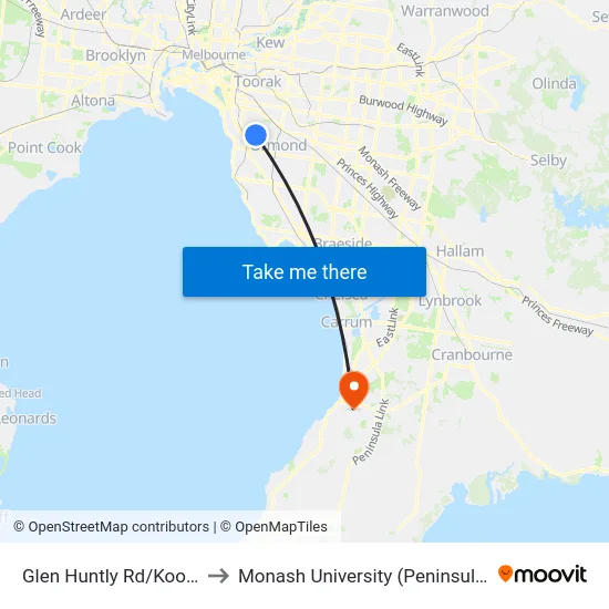 Glen Huntly Rd/Kooyong Rd to Monash University (Peninsula Campus) map