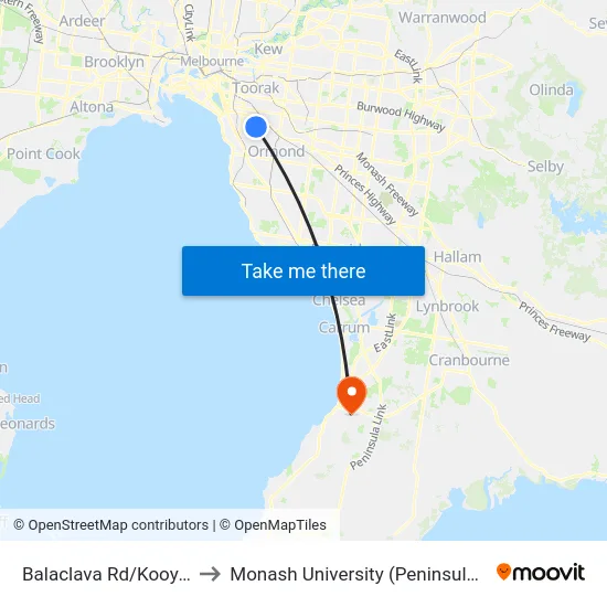 Balaclava Rd/Kooyong Rd to Monash University (Peninsula Campus) map
