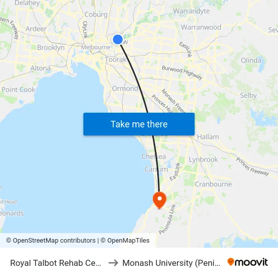 Royal Talbot Rehab Centre/Yarra Bvd to Monash University (Peninsula Campus) map