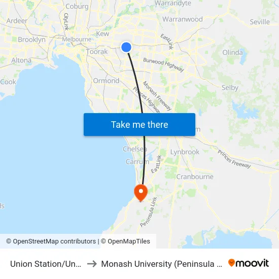 Union Station/Union Rd to Monash University (Peninsula Campus) map