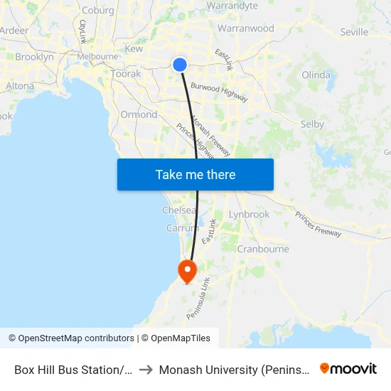 Box Hill Bus Station/Station St to Monash University (Peninsula Campus) map