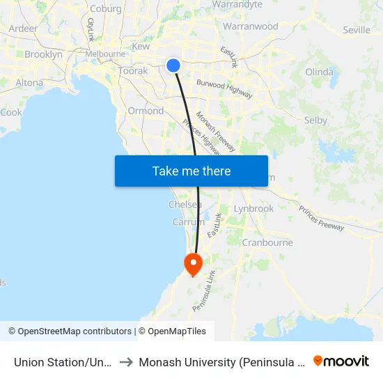 Union Station/Union Rd to Monash University (Peninsula Campus) map