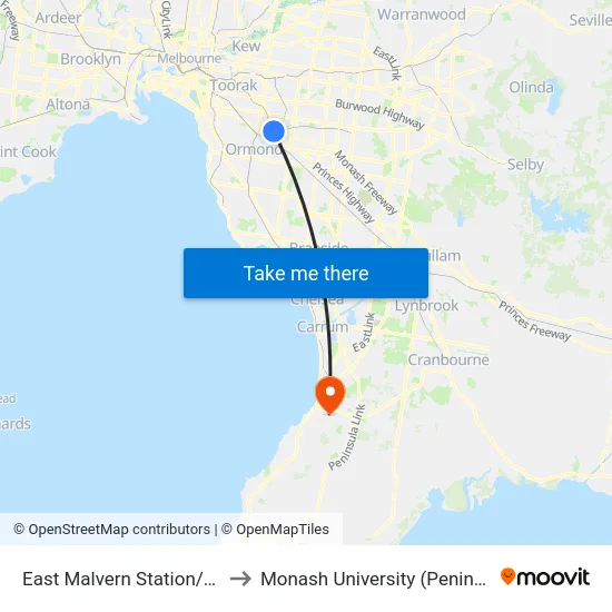 East Malvern Station/Waverley Rd to Monash University (Peninsula Campus) map