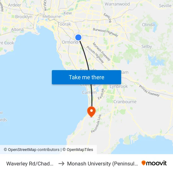 Waverley Rd/Chadstone Rd to Monash University (Peninsula Campus) map
