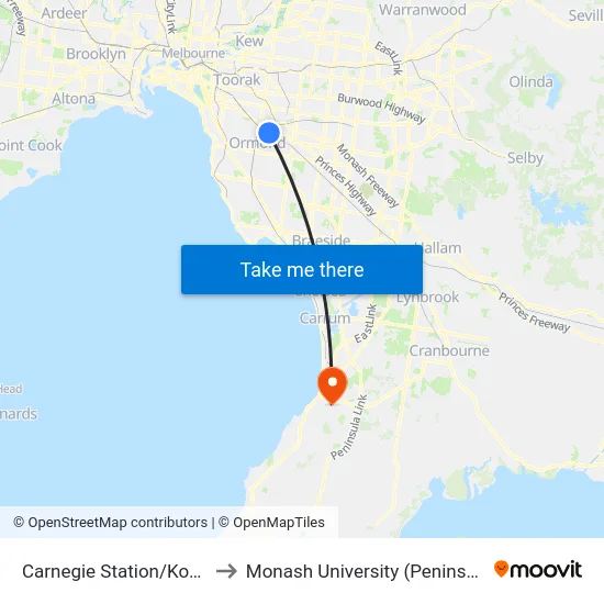 Carnegie Station/Koornang Rd to Monash University (Peninsula Campus) map