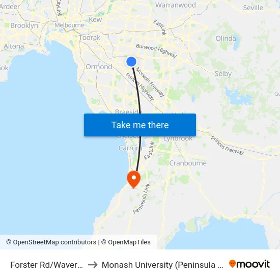 Forster Rd/Waverley Rd to Monash University (Peninsula Campus) map