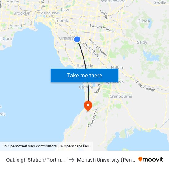 Oakleigh Station/Portman St (Oakleigh) to Monash University (Peninsula Campus) map