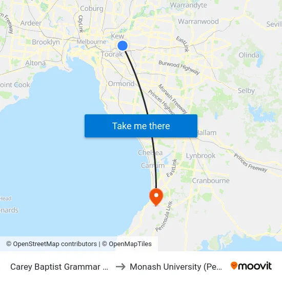 Carey Baptist Grammar School/Wrixon St to Monash University (Peninsula Campus) map
