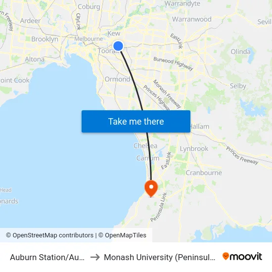 Auburn Station/Auburn Rd to Monash University (Peninsula Campus) map