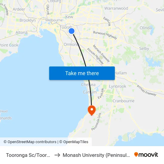 Tooronga Sc/Tooronga Rd to Monash University (Peninsula Campus) map