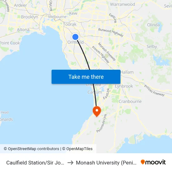 Caulfield Station/Sir John Monash Dr to Monash University (Peninsula Campus) map
