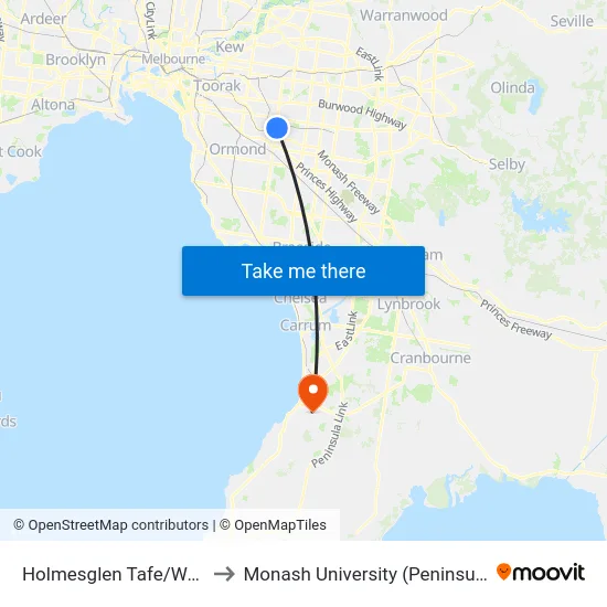 Holmesglen Tafe/Warrigal Rd to Monash University (Peninsula Campus) map