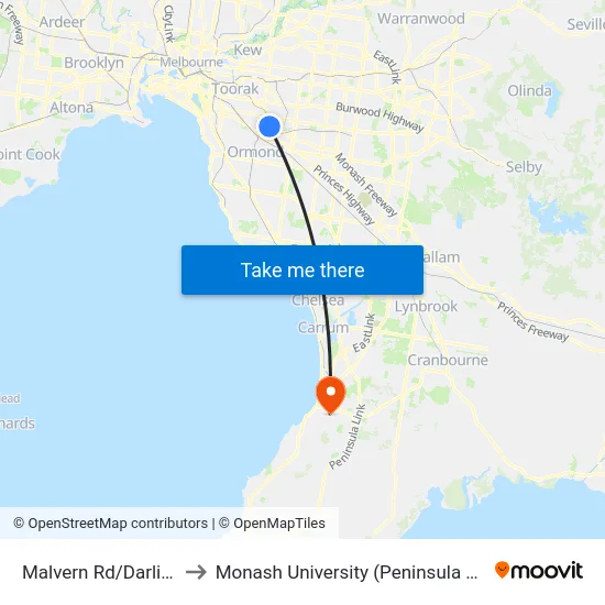 Malvern Rd/Darling Rd to Monash University (Peninsula Campus) map