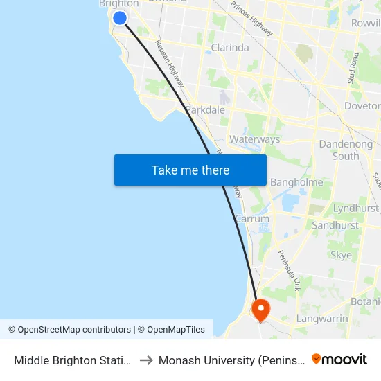 Middle Brighton Station/Male St to Monash University (Peninsula Campus) map
