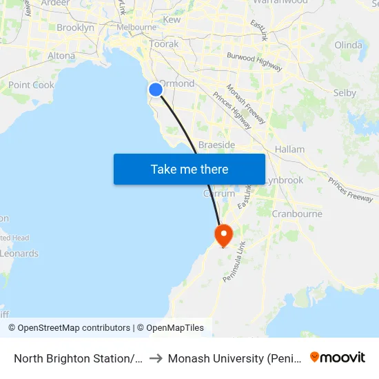 North Brighton Station/St Andrews St to Monash University (Peninsula Campus) map