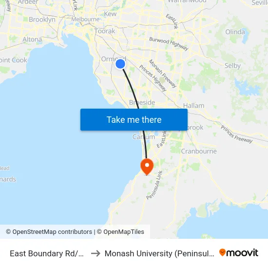 East Boundary Rd/North Rd to Monash University (Peninsula Campus) map