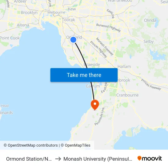 Ormond Station/North Rd to Monash University (Peninsula Campus) map