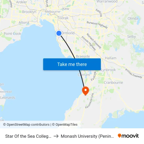 Star Of the Sea College/Martin St to Monash University (Peninsula Campus) map
