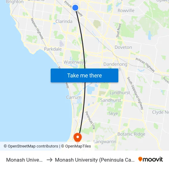 Monash University to Monash University (Peninsula Campus) map