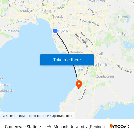 Gardenvale Station/Martin St to Monash University (Peninsula Campus) map