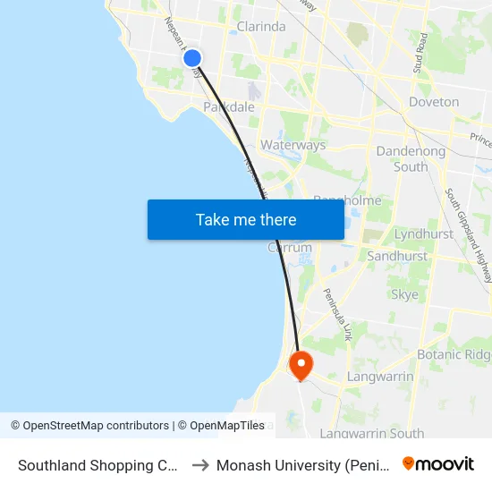 Southland Shopping Centre/Karen St to Monash University (Peninsula Campus) map