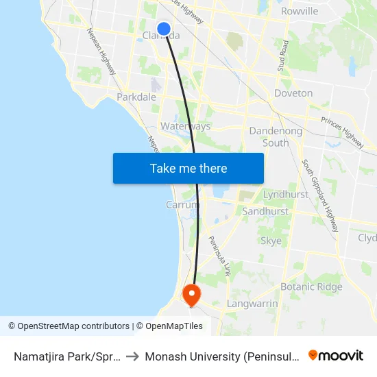 Namatjira Park/Springs Rd to Monash University (Peninsula Campus) map