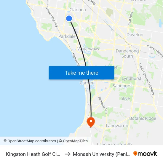 Kingston Heath Golf Club/Kingston Rd to Monash University (Peninsula Campus) map