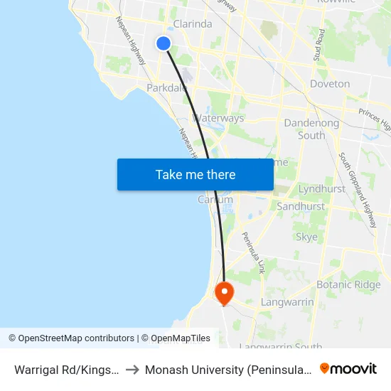 Warrigal Rd/Kingston Rd to Monash University (Peninsula Campus) map