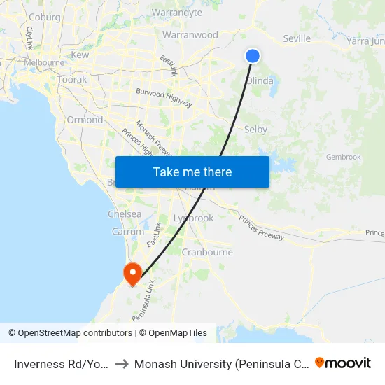 Inverness Rd/York Rd to Monash University (Peninsula Campus) map