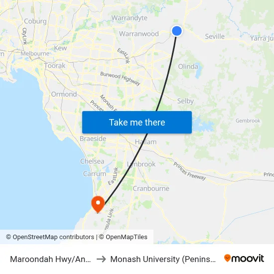 Maroondah Hwy/Anderson St to Monash University (Peninsula Campus) map