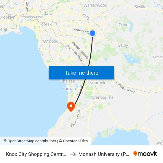 Knox City Shopping Centre/Stud Rd to Monash University (Peninsula Campus) map