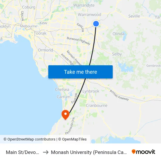 Main St/Devon St to Monash University (Peninsula Campus) map