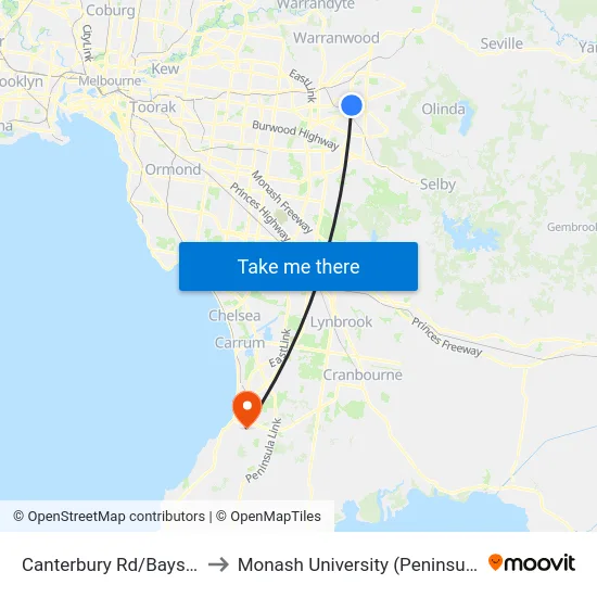 Canterbury Rd/Bayswater Rd to Monash University (Peninsula Campus) map
