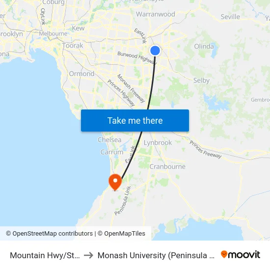 Mountain Hwy/Stud Rd to Monash University (Peninsula Campus) map