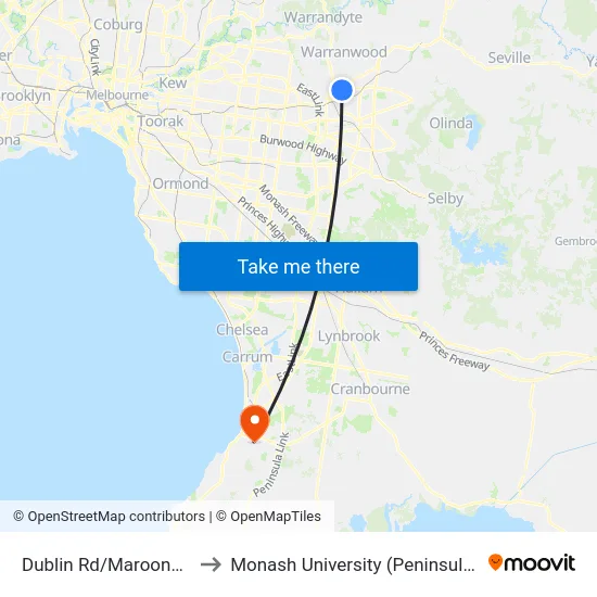 Dublin Rd/Maroondah Hwy to Monash University (Peninsula Campus) map
