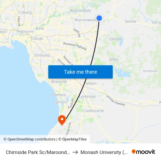 Chirnside Park Sc/Maroondah Hwy to Monash University (Peninsula Campus) map