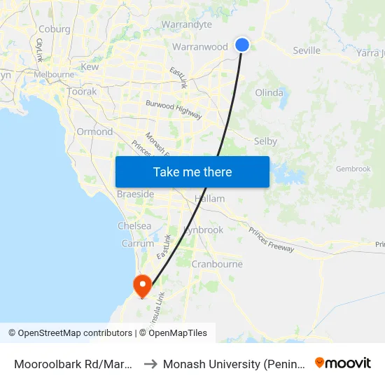 Mooroolbark Rd/Maroondah Hwy to Monash University (Peninsula Campus) map