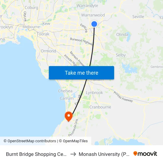 Burnt Bridge Shopping Centre/Maroondah Hwy to Monash University (Peninsula Campus) map