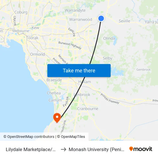 Lilydale Marketplace/Hutchinson St to Monash University (Peninsula Campus) map