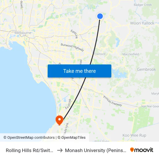 Rolling Hills Rd/Switchback Rd to Monash University (Peninsula Campus) map